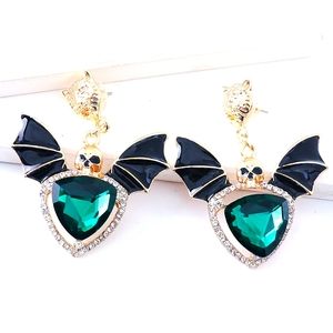 Emerald Crystal Bat Heart Goth Lion Drop Earrings